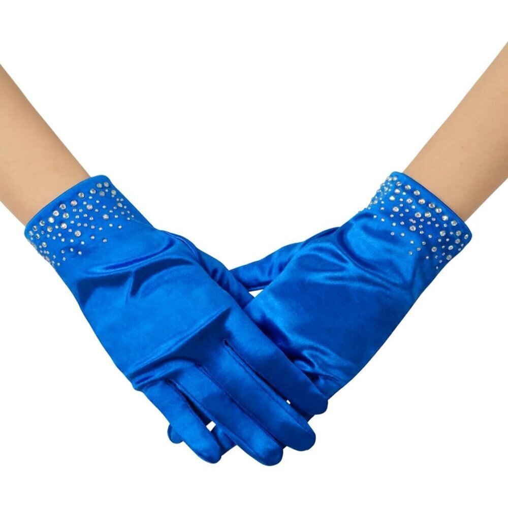 Women's Blue Sparkly Glitter Rhinestone Stretchy Satin Wrist Length Gloves - Picture 2 of 5